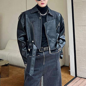 Deconstructed Washed Denim PU Leather Jacket Wide-leg Trousers Two-piece Suit