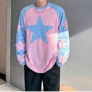 Contrast Color Round Neck Drop Sleeve Star Shirt