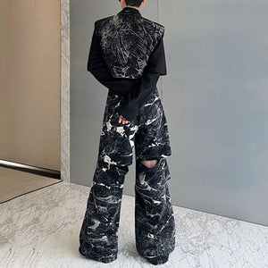 Retro Ink Waistcoat Wide-leg Pants Suit