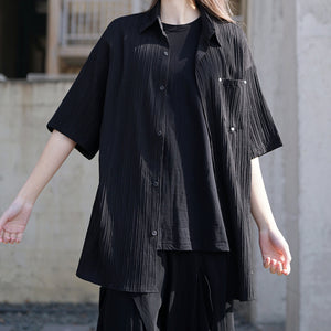 Black Pleated Short-sleeved Shirt