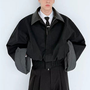 Leather Collar Contrast Plaid Oversized Turned-sleeve Cotton Jacket