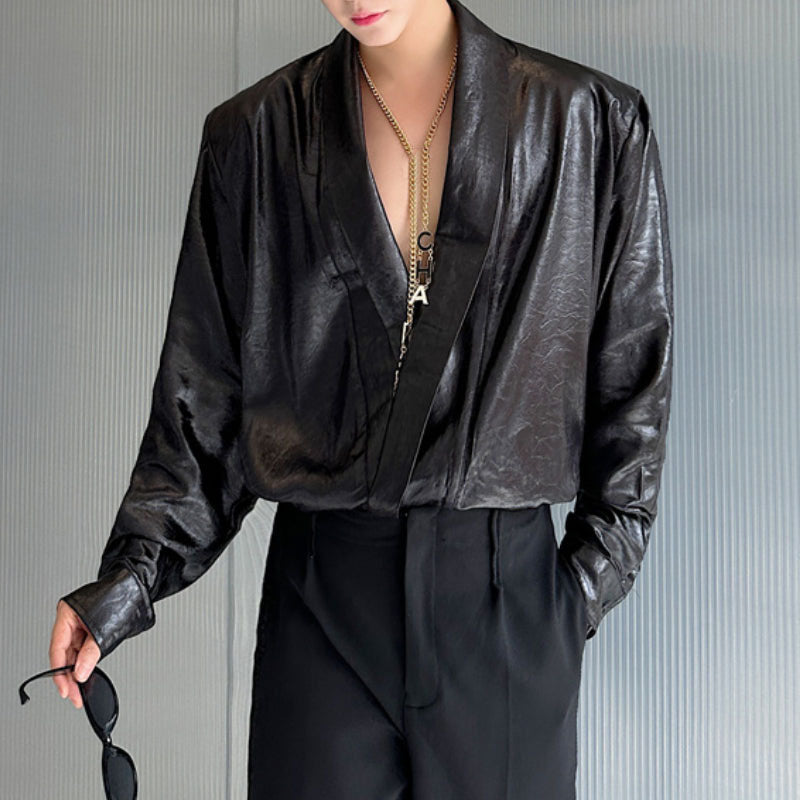 Liquid Glossy Large V-neck PU Leather Shirt