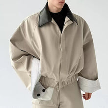 Load image into Gallery viewer, Leather Collar Contrast Plaid Oversized Turned-sleeve Cotton Jacket
