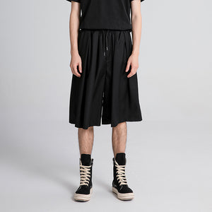 Summer Dark Drawstring Pleated Shorts