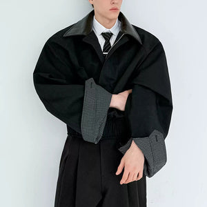 Leather Collar Contrast Plaid Oversized Turned-sleeve Cotton Jacket