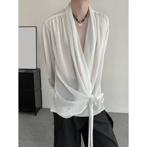 White Long-Sleeved Chiffon Shirt With Lace-Up