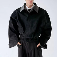 Load image into Gallery viewer, Leather Collar Contrast Plaid Oversized Turned-sleeve Cotton Jacket
