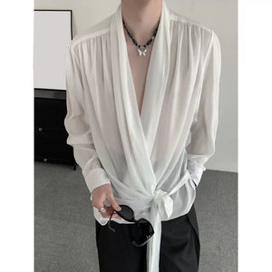 White Long-Sleeved Chiffon Shirt With Lace-Up