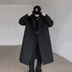 Black Hooded Rhombus Mid-length Over-the-knee Coat