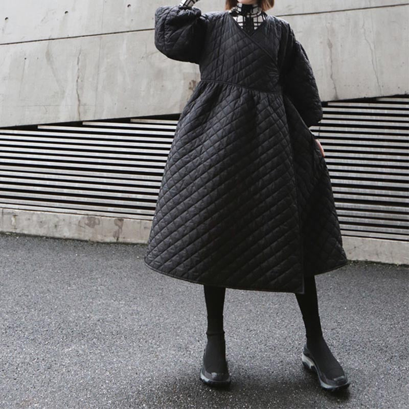 Retro Lantern Sleeve Rhombus Embossed Long Cotton Coat