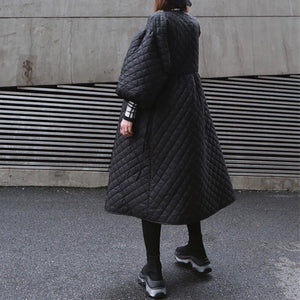 Retro Lantern Sleeve Rhombus Embossed Long Cotton Coat