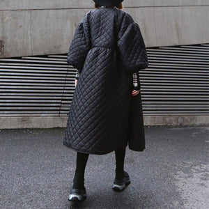 Retro Lantern Sleeve Rhombus Embossed Long Cotton Coat