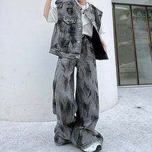 Load image into Gallery viewer, Hand-painted Shoulder Pad Denim Vest Wide-leg Pants Two-piece Suit
