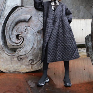 Retro Lantern Sleeve Rhombus Embossed Long Cotton Coat