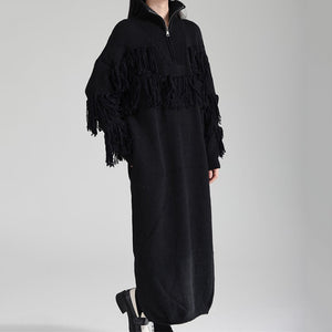 Autumn and Winter Thickened Turtleneck Fringed Knitted Dress