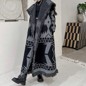 Winter Tassel Printed Knitted Cardigan Coat