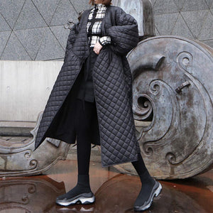 Retro Lantern Sleeve Rhombus Embossed Long Cotton Coat