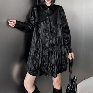 Pleated PU Leather Long Sleeve Shirt Dress