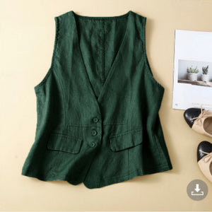 Cotton Linen Vest Sleeveless V-neck Top