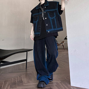 Contrast Color Sleeveless Denim Vest and Retro Wide-leg Trousers Two-piece Set