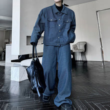 Load image into Gallery viewer, Denim Cropped Jacket with Buttons and Wide-Leg Pants Two-Piece Set
