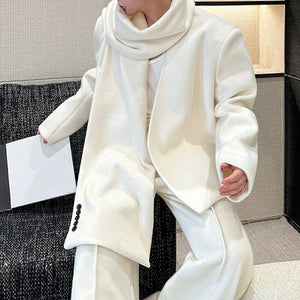 Woolen Elegant Collarless Suit Jacket Scarf and Casual Pants Three-piece Suit