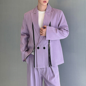 Double Zipper Deconstructed Shoulder Pad Suit Jacket and Trousers Two-piece Suit