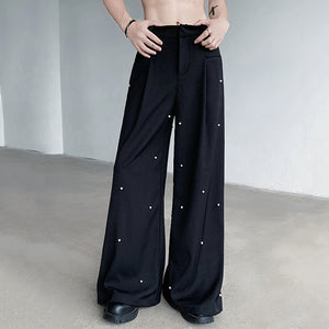 Pearl Rivets Wide-Leg Straight  Pants