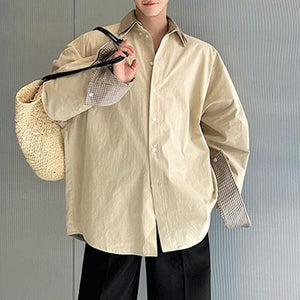 Reversible Khaki Plaid Two-Piece Spliced Long-Sleeved Shirt