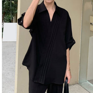 Pleated V-neck Loose Shirt with Three-quarter Sleeves