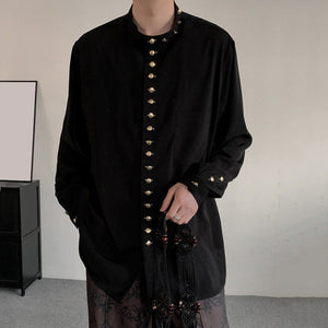 Loose Long-sleeved Shirt with Small Gold Buttons