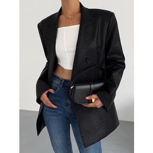 Crocodile Pattern Black Leather Suit Jacket