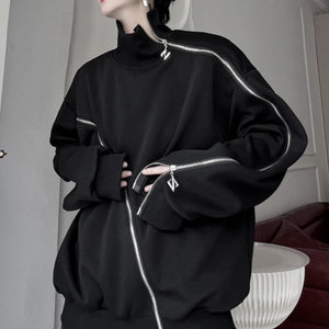 High Collar Zipper Solid Color Sweatshirt