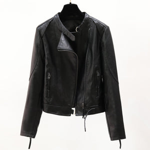 Short Slim Stand Collar PU Leather Jacket