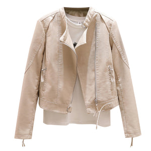 Short Slim Stand Collar PU Leather Jacket