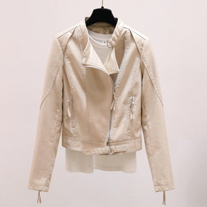 Short Slim Stand Collar PU Leather Jacket