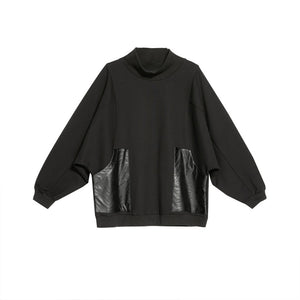 Paneled PU Leather Dolman Sleeve Pocket T-Shirt