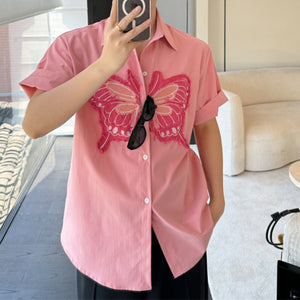 Denim Butterfly Print Loose Short Sleeve Shirt