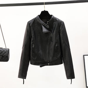 Short Slim Stand Collar PU Leather Jacket