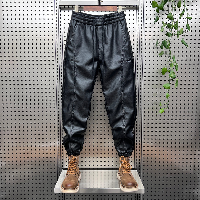 Thickened PU Stitching Small-leg Leather Pants