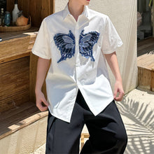 Load image into Gallery viewer, Denim Butterfly Print Loose Short Sleeve Shirt
