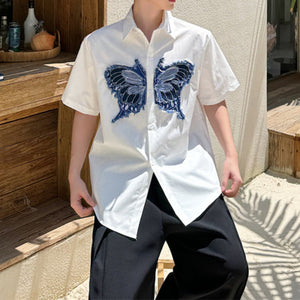 Denim Butterfly Print Loose Short Sleeve Shirt