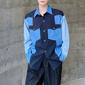 Denim Patchwork Contrasting Lapel Shirt