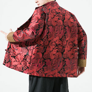 Loose Stand Collar Dragon Pattern Jacquard Disc Button Jacket