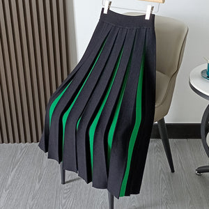 Autumn and Winter Thick Color Block Pleated Skirt