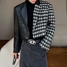 Load image into Gallery viewer, Contrast Plaid Wool and Leather Cropped Jacket
