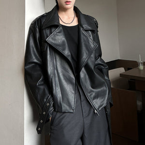 PU Leather Lapel Side Pocket Jacket