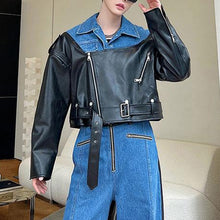 Load image into Gallery viewer, Deconstructed Washed Denim PU Leather Jacket Wide-leg Trousers Two-piece Suit
