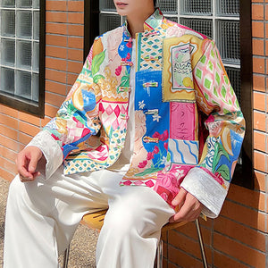 Stand-collar Disc-button Floral Jacket