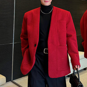 Retro Red Collarless Woolen Thickened Suit Jacket